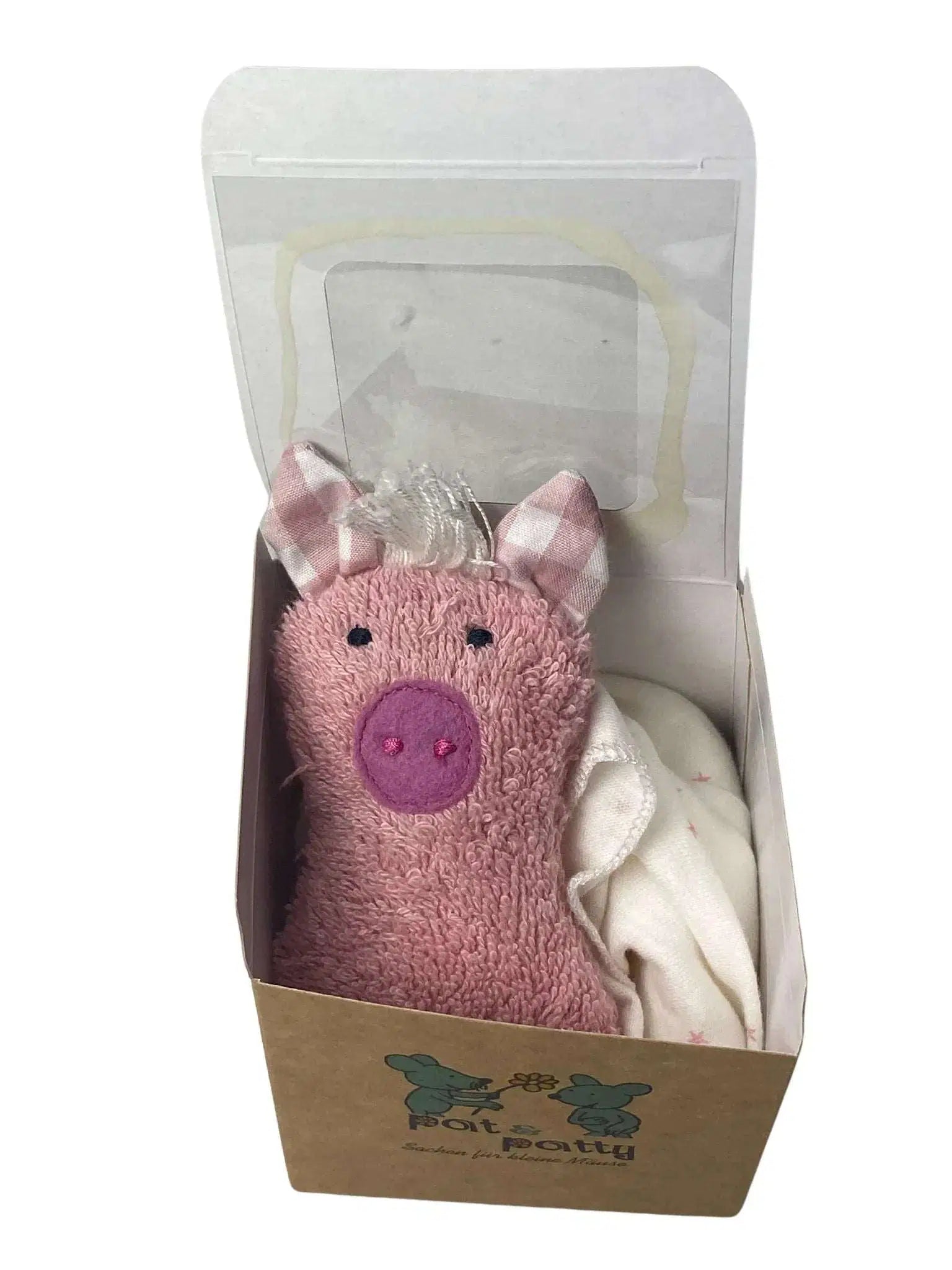 Verpacktes Bio Schmusetuch Schwein aus GOTS-zertifizierter Baumwolle â PAT & PATTY